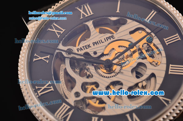 Patek Philippe Grand Complications Asia 3836 Automatic Steel Case with Black Leather Strap Skeleton Dial Roman Markers - Click Image to Close